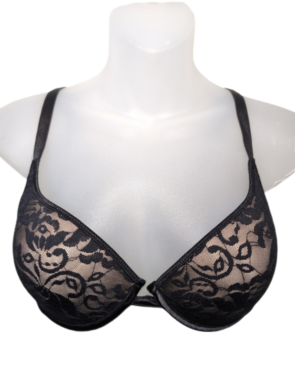 Hanes Her Way Black Floral Lace Push Up Underwire Bra 38C Vintage Style